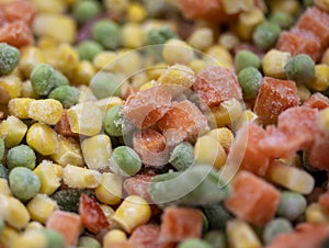 Colorful frosted vegetables carrot, corn and peas