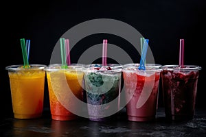 Colorful Frozen Fruit Slush Granita Drinks in Plastic Take-Away Cups with Lids and Drinking Straws