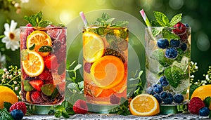 Colorful Fruit and Berries Drinks with Ice and herbs. Summer freshness cocktails