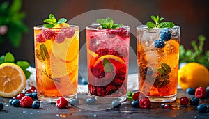 Colorful Fruit and Berries Drinks with Ice and herbs. Summer freshness cocktails