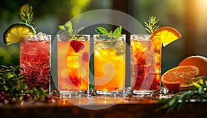 Colorful Fruit and Berries Drinks with Ice and herbs. Summer freshness cocktails