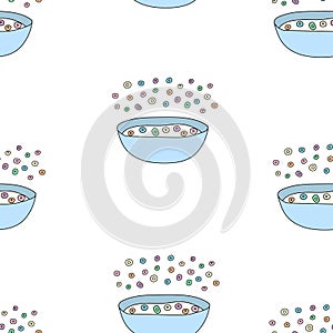 Colorful fruit cereal with milk in blue plate seamless pattern.