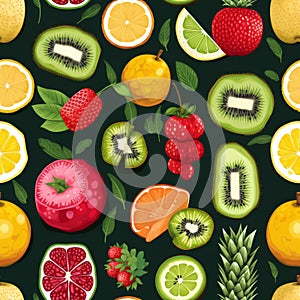 Colorful fruit cube seamless pattern with watermelon, pineapple, kiwi, strawberry, orange, and apple