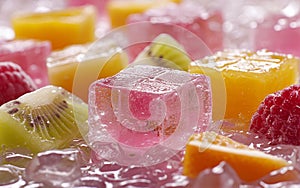 Colorful fruit cubes and berries frozen in ice, displayed amidst melting ice crystals.