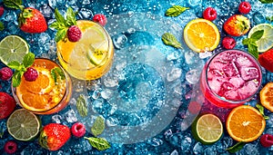 Colorful Fruit Drinks on Ice with Berries