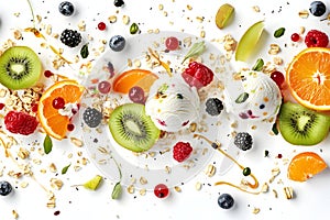 Colorful fruit and ice cream dessert with berries and citrus