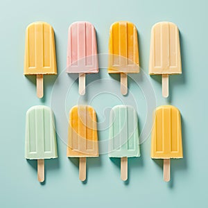 Colorful fruit and ice cream popsicles, flat lay. Summer, fruit, holliday background. Ai generative. Illustration photo