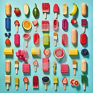 Colorful fruit and ice cream popsicles. Summer, fruit, holliday background. Ai generative. Illustration photo