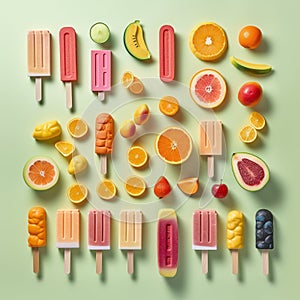 Colorful fruit and ice cream popsicles. Summer, fruit, holliday background. Ai generative. Illustration photo