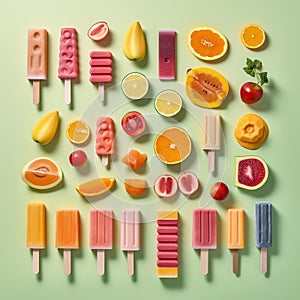 Colorful fruit and ice cream popsicles. Summer, fruit, holliday background. Ai generative. Illustration photo