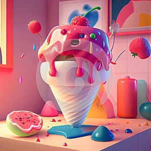 colorful fruit ice cream with syrup splashes concept made with generative AI