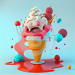 colorful fruit ice cream with syrup splashes concept made with generative AI