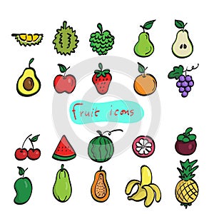 Colorful fruit icon set illustration vector hand drawn with black line isolated on white background