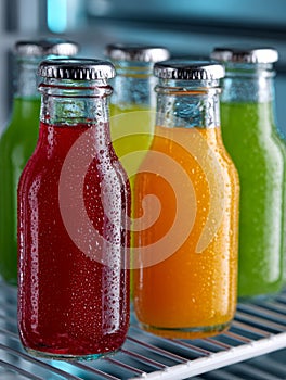 Colorful fruit juices in glass bottles inside a refrigerator.