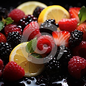 Colorful fruit mix, including berries, citrus, apples, paired with wholesome liquidized juices