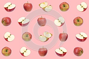 Colorful fruit pattern of fresh red, green apples on pink background. texture design for textiles, wallpaper, fabric. From top