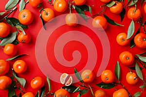 Colorful fruit pattern of tangerine or clementine on red background. Chinese New Year, Tet holiday