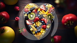 a colorful fruit platter arranged in the shape of a heart, symbolizing a healthy diet for heart health, AI-Generated