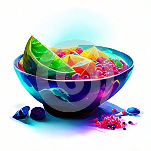 Colorful fruit salad in a bowl on a white background. Hand-drawn illustration. AI generated