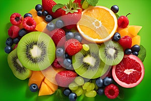 A colorful fruit salad, highlights the freshness and healthiness of the dish.