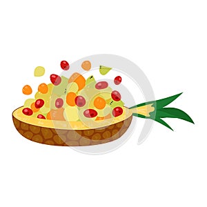 Colorful fruit salad in pineapple bowl with mixed berries, citrus pieces. Healthy summer dessert with fresh ingredients