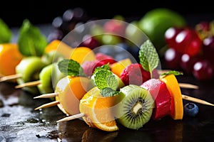 colorful fruit skewers being garnished with mint