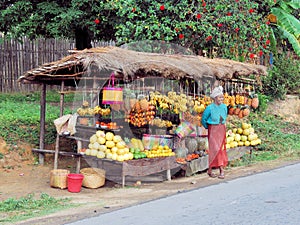 Colorful fruit stall along road with smiling salesman, countryside Madagascar
