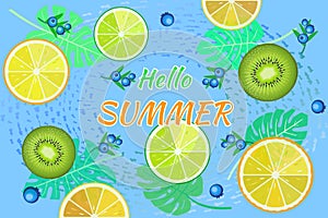 COLORFUL FRUIT WITH STYLISH TEXT HELLO SUMMER.