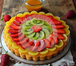 A colorful fruit tart with strawberries, kiwi, and oranges