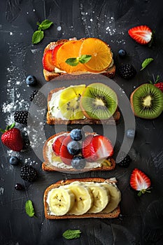 Colorful Fruit Topped Toast on Dark Background