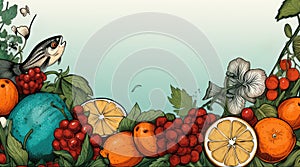 A colorful fruit and vegetable border with a fish, AI