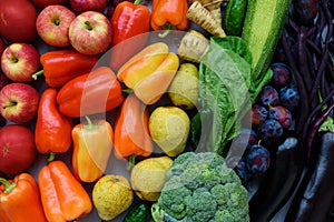 Colorful fruit and vegetable rainbow. Top view. Flat lay. Healthy food concept