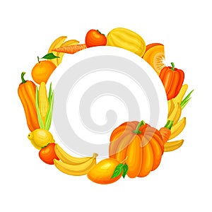 Colorful Fruit and Vegetables Arranged in Round Frame Vector Illustration