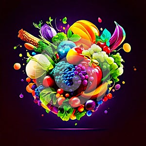 Colorful fruit and vegetables in a heart shape on a dark background AI generated