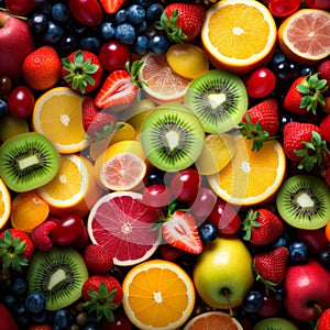 Colorful fruits background consists of various fruits which is generated by AI.