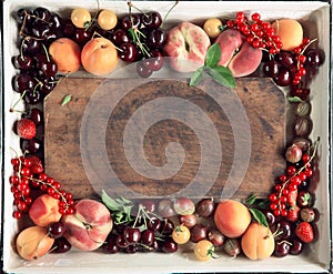 Colorful fruits and berries fresh from the market, decorated in a vintage baking tray, free space for your text