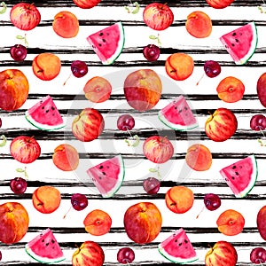 Colorful fruits and berries. Seamless modern fruit pattern with hand painted black lines. Water color