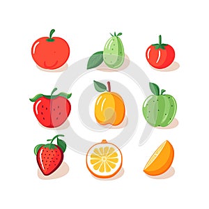 Colorful fruits collection including tomato, guava, strawberry, and citrus. Fresh healthy food, ripe natural snacks