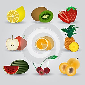 Colorful fruits and half fruits icons