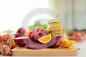 Colorful fruits and vegetables background. Group of different fruit .