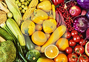 Colorful fruits and vegetables background. Rainbow collection