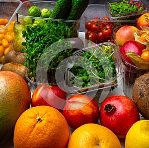 Colorful fruits and vegetables background, rich in vitamins