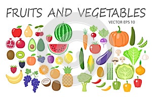 Colorful fruits and vegetables clipart set. Fruit and vegetable colored cartoon collection.