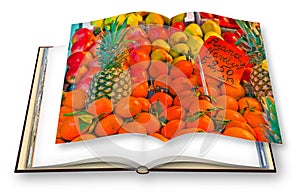 Colorful fruits and vegetables from organic agriculture exhibited in a italian market - 3D render of an opened photo book isolated