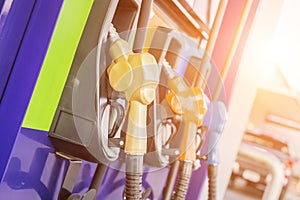 Colorful fuel pumps/Fuel nozzle at gas station