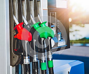 Colorful fuel pumps in a gas diesel station