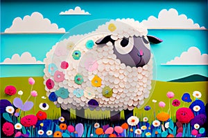 Colorful fun funny fluffy white sheep illustration colourful field of flowers