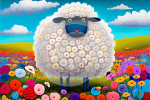 Colorful fun funny fluffy white sheep illustration colourful field of flowers