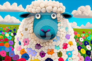 Colorful fun funny fluffy white sheep illustration colourful field of flowers