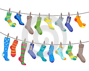 Colorful Fun Socks Set Hang on the Rope. Vector